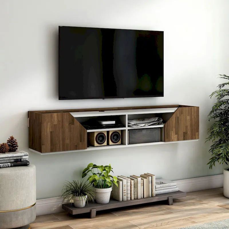 DH BASIC Transitional White 61-inch Two-tone 4-Shelf Floating TV Stand by Denhour