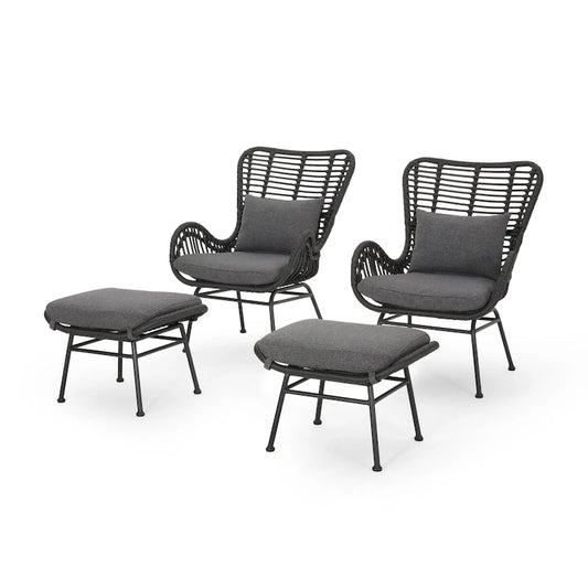 Chalet Outdoor Modern Boho Wicker Chat Set with Ottomans by Christopher Knight Home