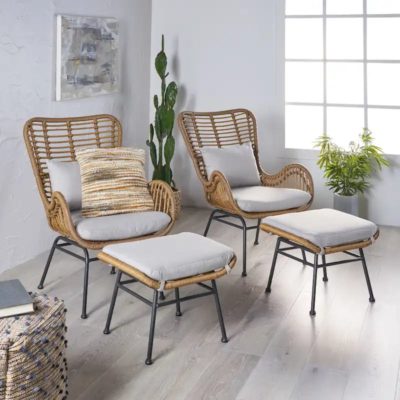 Chalet Outdoor Modern Boho Wicker Chat Set with Ottomans by Christopher Knight Home