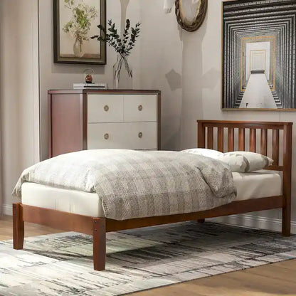 Wood Platform Bed With Headboard/Wood Slat Support.Twin (Walnut)