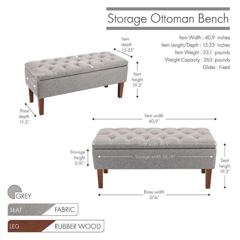 Porthos Home Ugo Fabric Storage Ottoman Bench with Rubberwood Legs