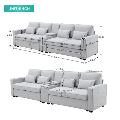 Upholstered Sofa with Console, 2 Cupholders and 2 USB Ports Wired or Wirelessly Charged