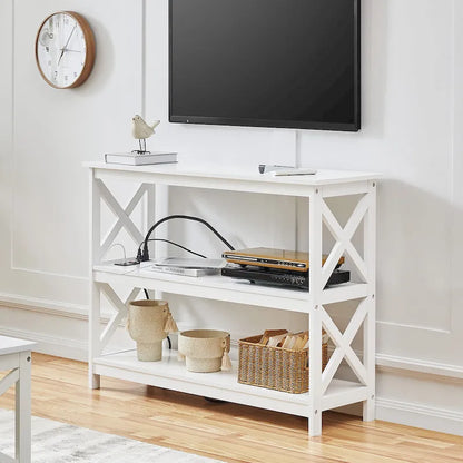 Yaheetech 3-Tier Wooden Console Table with Power Outlet Sofa Side Table