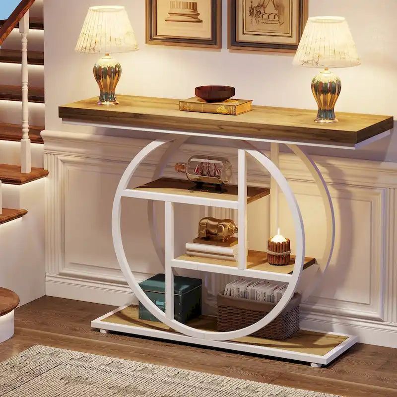 Industrial 4-Tier Sofa Table Entryway Table with Circle Base