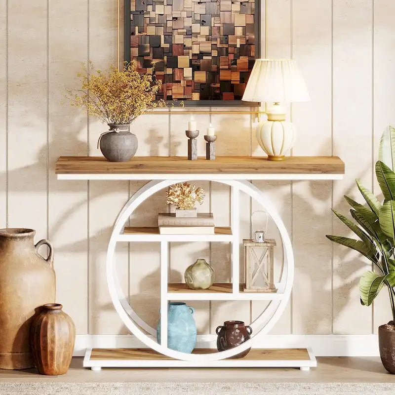 Industrial 4-Tier Sofa Table Entryway Table with Circle Base
