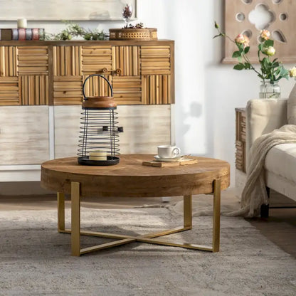 31.29Modern Retro Splicing Round Coffee Table , Fir Wood Table Top with Cross Legs Metal Base