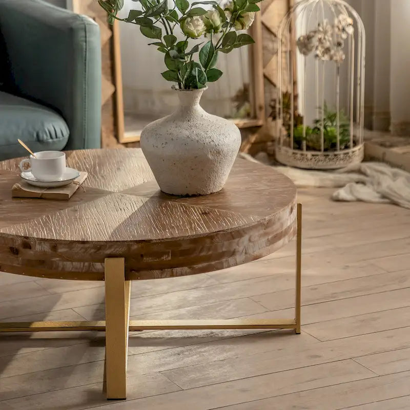 31.29Modern Retro Splicing Round Coffee Table , Fir Wood Table Top with Cross Legs Metal Base