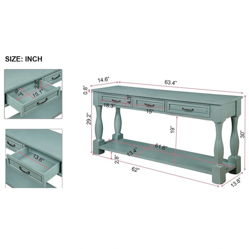 63inch Long Wood Console Table with 3 Drawers