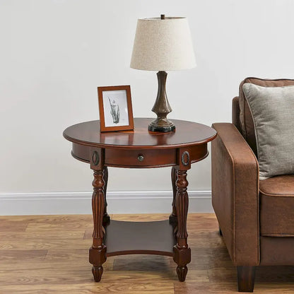 Solid Wood Oval End Table Sofa Table with Drawer and Storage Shelf