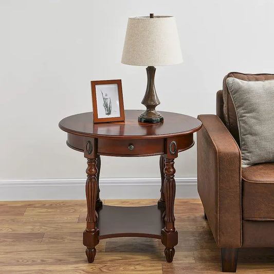 Solid Wood Oval End Table Sofa Table with Drawer and Storage Shelf