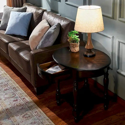 Solid Wood Oval End Table Sofa Table with Drawer and Storage Shelf
