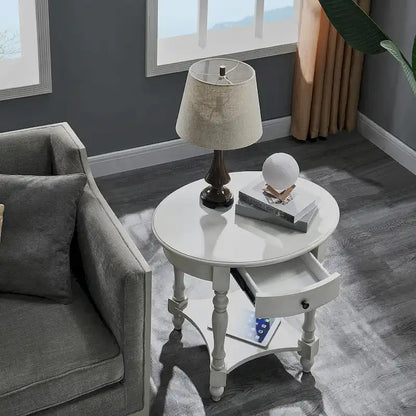 Solid Wood Oval End Table Sofa Table with Drawer and Storage Shelf