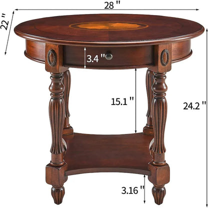 Solid Wood Oval End Table Sofa Table with Drawer and Storage Shelf