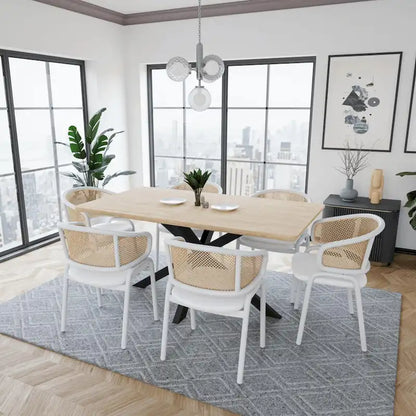 Ervilla Modern Stylish Side Chair with Rattan Back and White Steel Legs for Dining Room & Kitchen, Set of 2