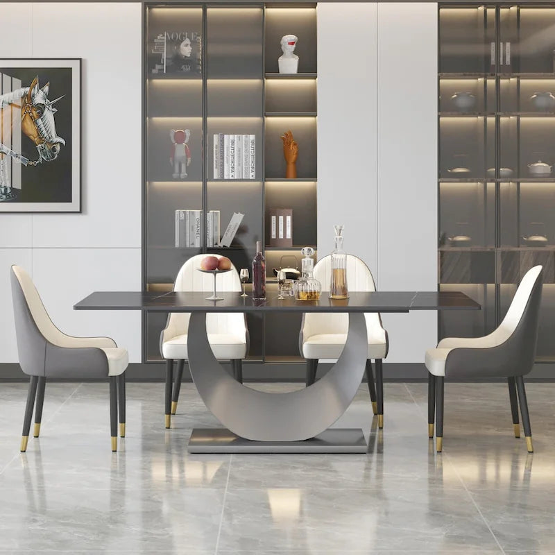 79 Marble Dining Table for 10, Modern Rectangle Kitchen Table with U Shape Pedestal Base