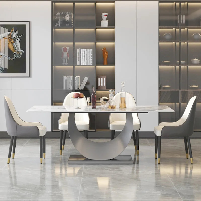 79 Marble Dining Table for 10, Modern Rectangle Kitchen Table with U Shape Pedestal Base