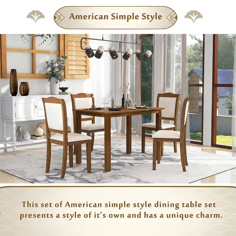 5-Piece Wood Dining Table Set Simple Style Kitchen Dining Set Rectangular Table with Upholstered Chairs for Limited Space