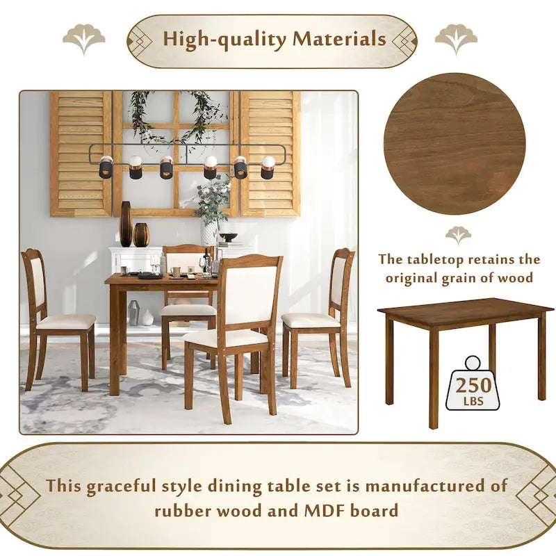 5-Piece Wood Dining Table Set Simple Style Kitchen Dining Set Rectangular Table with Upholstered Chairs for Limited Space