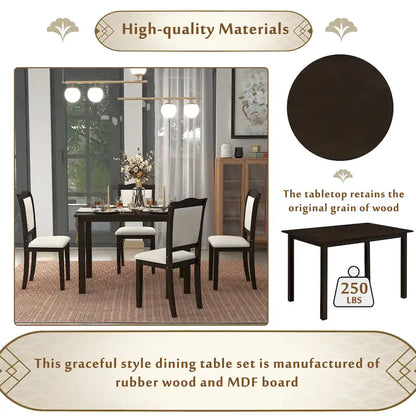 5-Piece Wood Dining Table Set Simple Style Kitchen Dining Set Rectangular Table with Upholstered Chairs for Limited Space