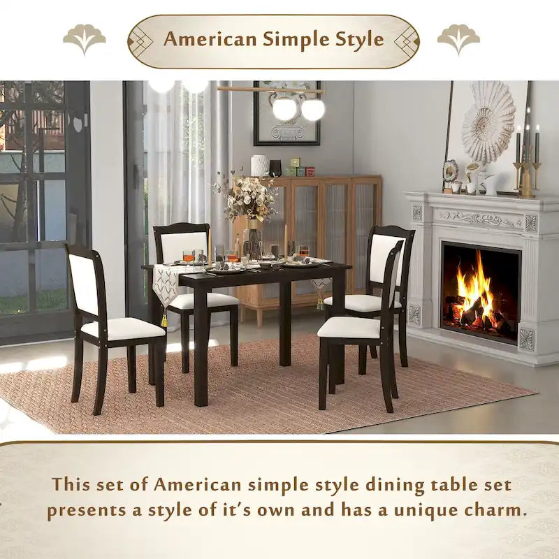 5-Piece Wood Dining Table Set Simple Style Kitchen Dining Set Rectangular Table with Upholstered Chairs for Limited Space