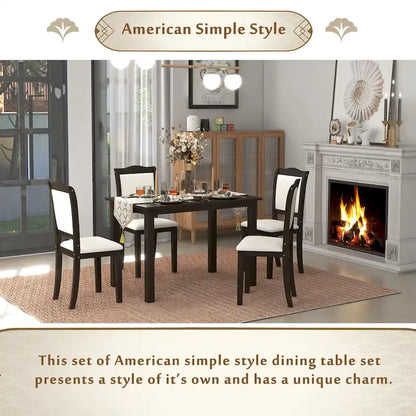 5-Piece Wood Dining Table Set Simple Style Kitchen Dining Set Rectangular Table with Upholstered Chairs for Limited Space