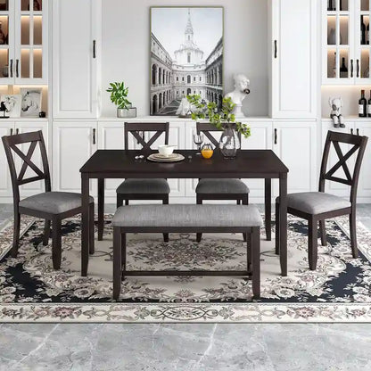 6-Piece Wooden Kitchen Dining Table Set with 4 Chairs and Bench