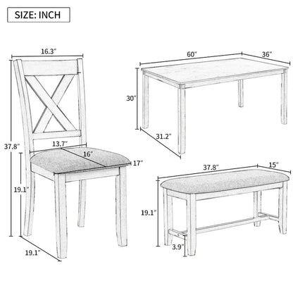 6-Piece Wooden Kitchen Dining Table Set with 4 Chairs and Bench