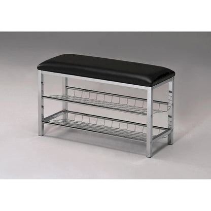 Roundhill Furniture Metal Shoe Bench with Faux Leather Seat, Chrome and Black
