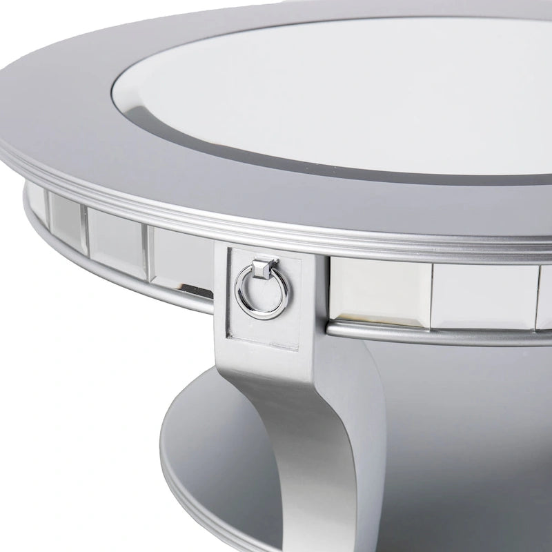 SEI Furniture Olivia Contemporary Mirrored Round Coffee Table in Matte Silver Details and Shelf