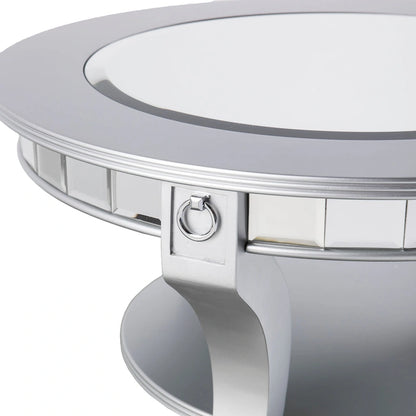 SEI Furniture Olivia Contemporary Mirrored Round Coffee Table in Matte Silver Details and Shelf