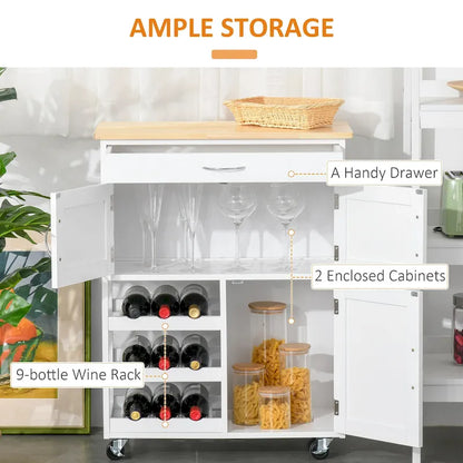 Kitchen Island on Wheels, Rolling Kitchen Cart with Drawer, 9-bottle Wine Rack, Storage Cabinets, Wooden Countertop