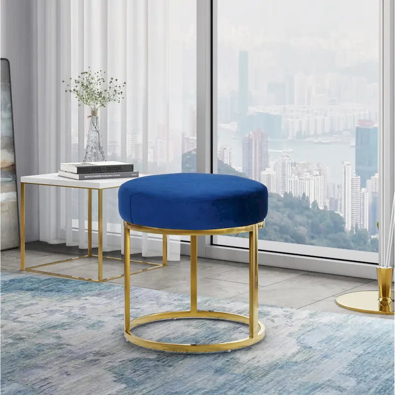 Modrest Elmont Modern Blue Velvet & Gold Stool Ottoman