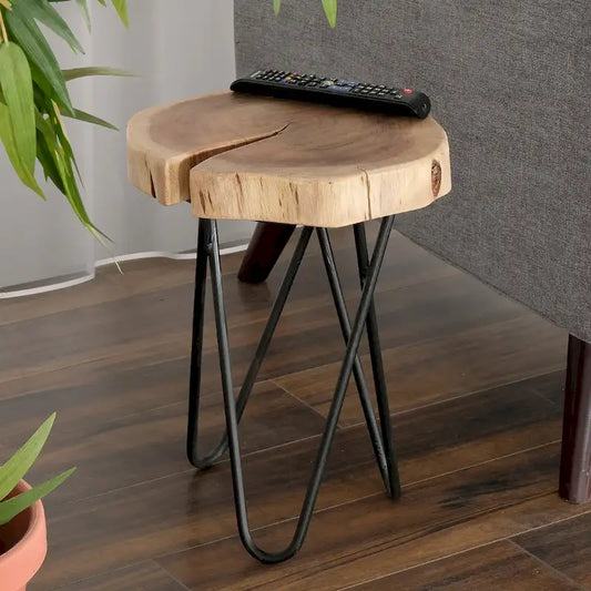 Colton 12 in. Round Acacia Wood Accent End Table with Black Metal Legs