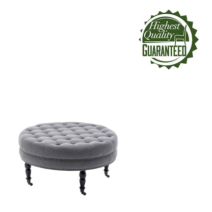 Porthos Home Indy Fabric Round Cocktail Ottoman with Rubberwood Legs and Wheels
