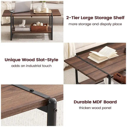 2-Tier Modern Industrial 41 Large Wood Coffee Table with Storage Shelf