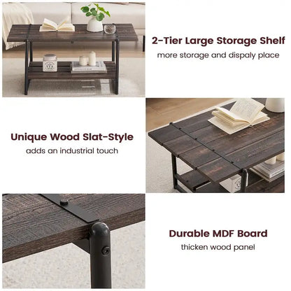 2-Tier Modern Industrial 41 Large Wood Coffee Table with Storage Shelf