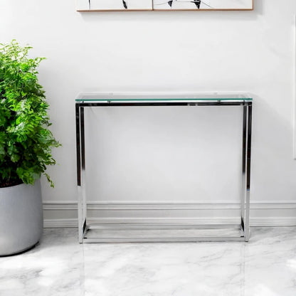 HomeRoots 36 Clear and Silver Glass Sled Console Table