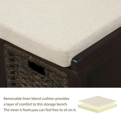 Rustic Storage Bench with 3 Removable Classic Rattan Basket , Entryway Bench with Removable Cushion