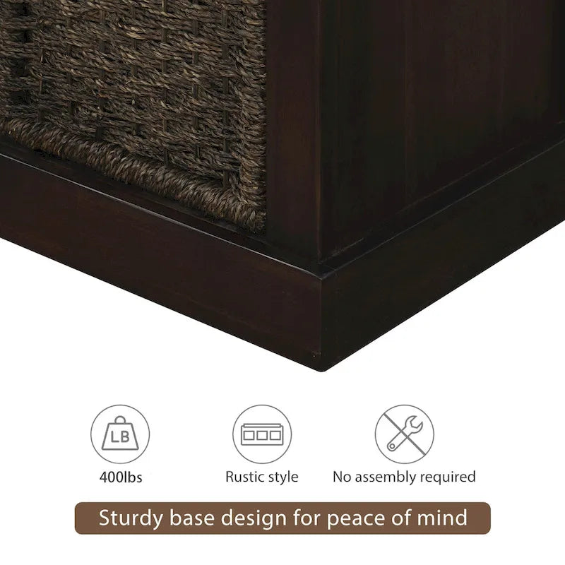 Rustic Storage Bench with 3 Removable Classic Rattan Basket , Entryway Bench with Removable Cushion