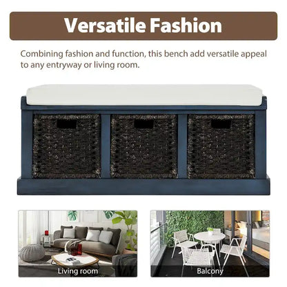 Rustic Storage Bench with 3 Removable Classic Rattan Basket , Entryway Bench with Removable Cushion