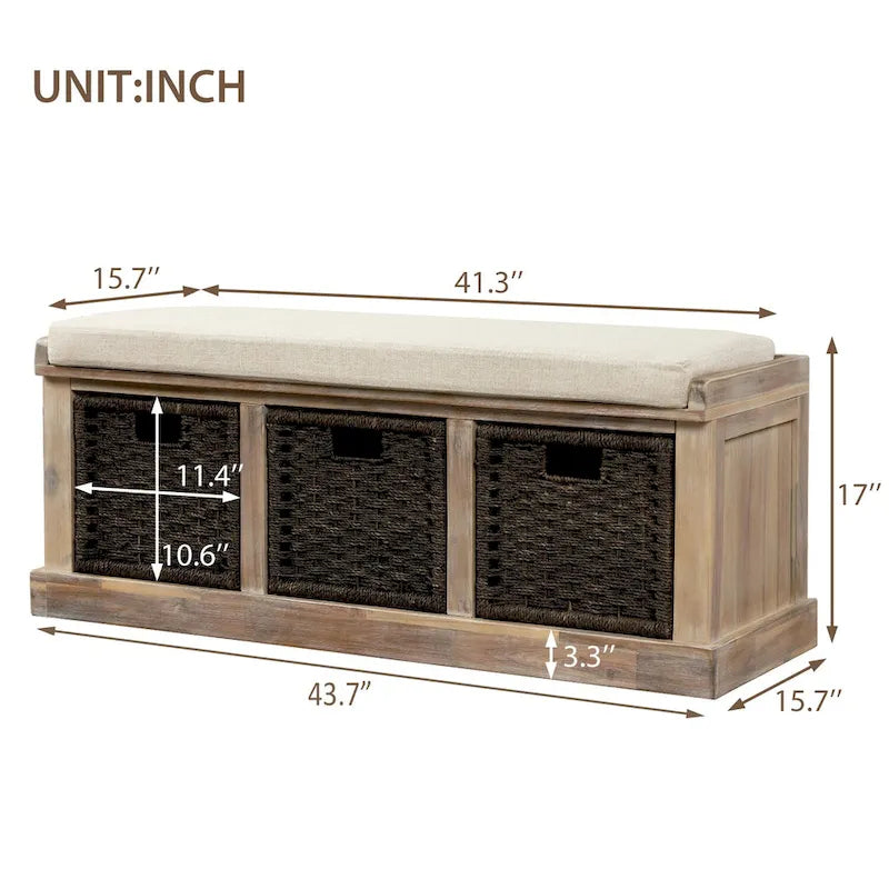 Rustic Storage Bench with 3 Removable Classic Rattan Basket , Entryway Bench with Removable Cushion