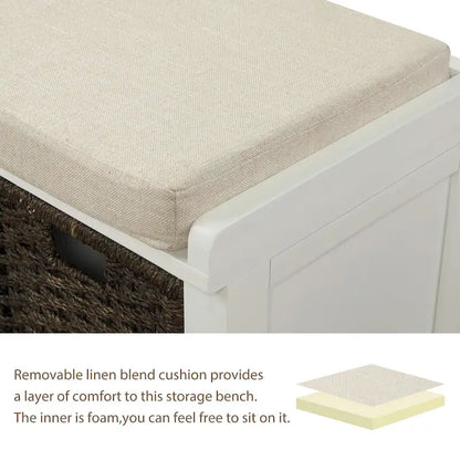 Rustic Storage Bench with 3 Removable Classic Rattan Basket , Entryway Bench with Removable Cushion
