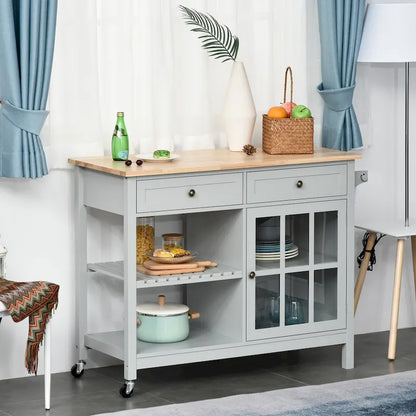HOMCOM Kitchen Island Utility Storage Cart with Rubber Wood Top, Towel Rack, 2 Cabinets & Drawers for Dining Room