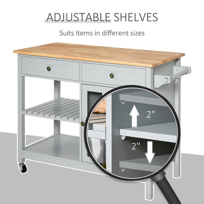 HOMCOM Kitchen Island Utility Storage Cart with Rubber Wood Top, Towel Rack, 2 Cabinets & Drawers for Dining Room