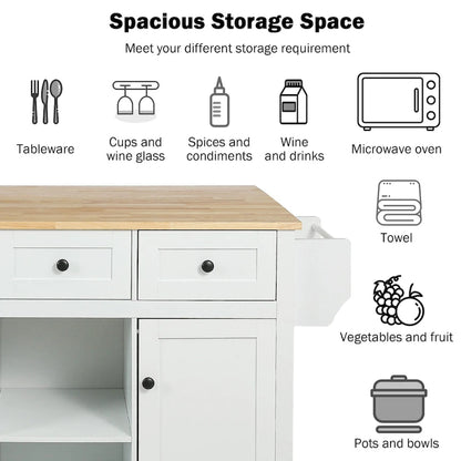 53 in. Rubber Wood Drop-Leaf Countertop Kitchen Island on 5 Wheels with Storage Cabinet and 3 Drawers - 53
