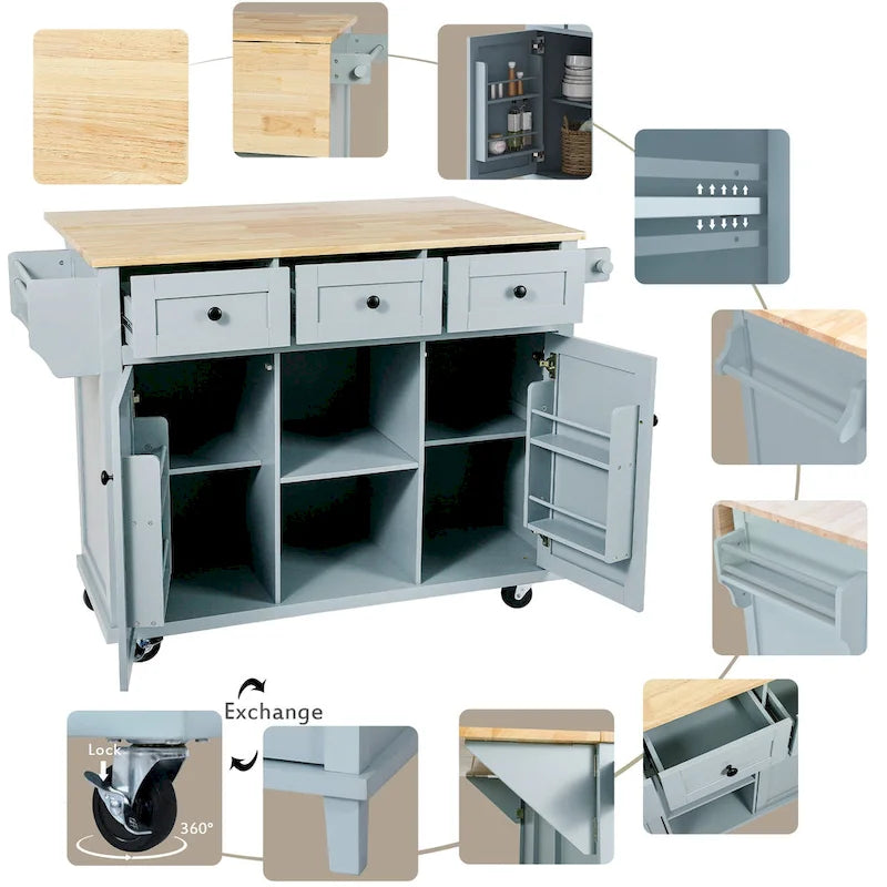 53 in. Rubber Wood Drop-Leaf Countertop Kitchen Island on 5 Wheels with Storage Cabinet and 3 Drawers - 53