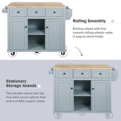 53 in. Rubber Wood Drop-Leaf Countertop Kitchen Island on 5 Wheels with Storage Cabinet and 3 Drawers - 53