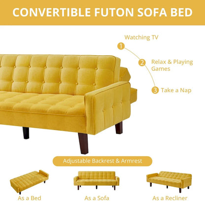 Futon Sofa Bed, Modern Convertible Sleeper Couch with Armrests for Studio, Office, Apartment, Compact Living, Game Room
