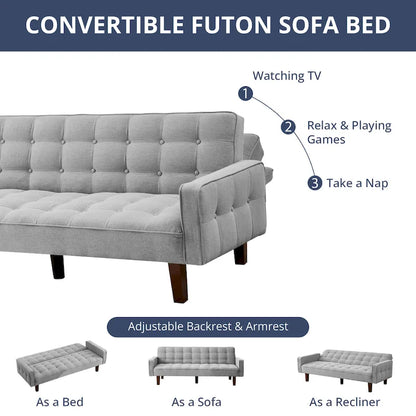 Futon Sofa Bed, Modern Convertible Sleeper Couch with Armrests for Studio, Office, Apartment, Compact Living, Game Room