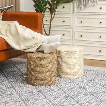 Adeco Set of 2 Foot Stool Natural Cattail Hand Weave Poufs Ottoman